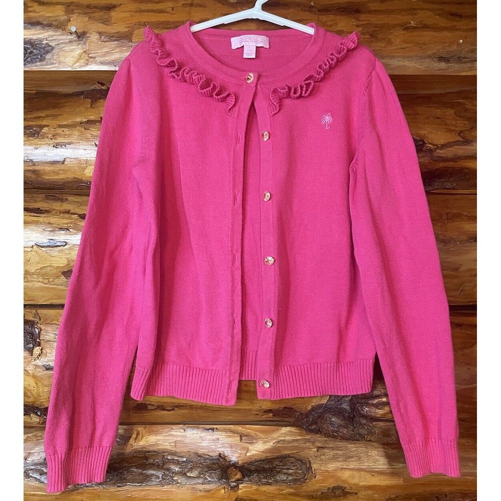 Lily Pulitzer Hot Pink Cardigan Ruffled Neck Size Girls Large 8/10